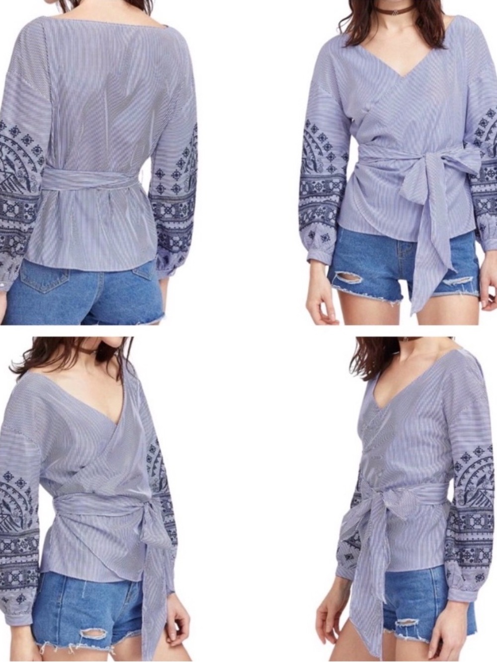 Zara Basic Collection wrap around blue/white pinstripe peasant top